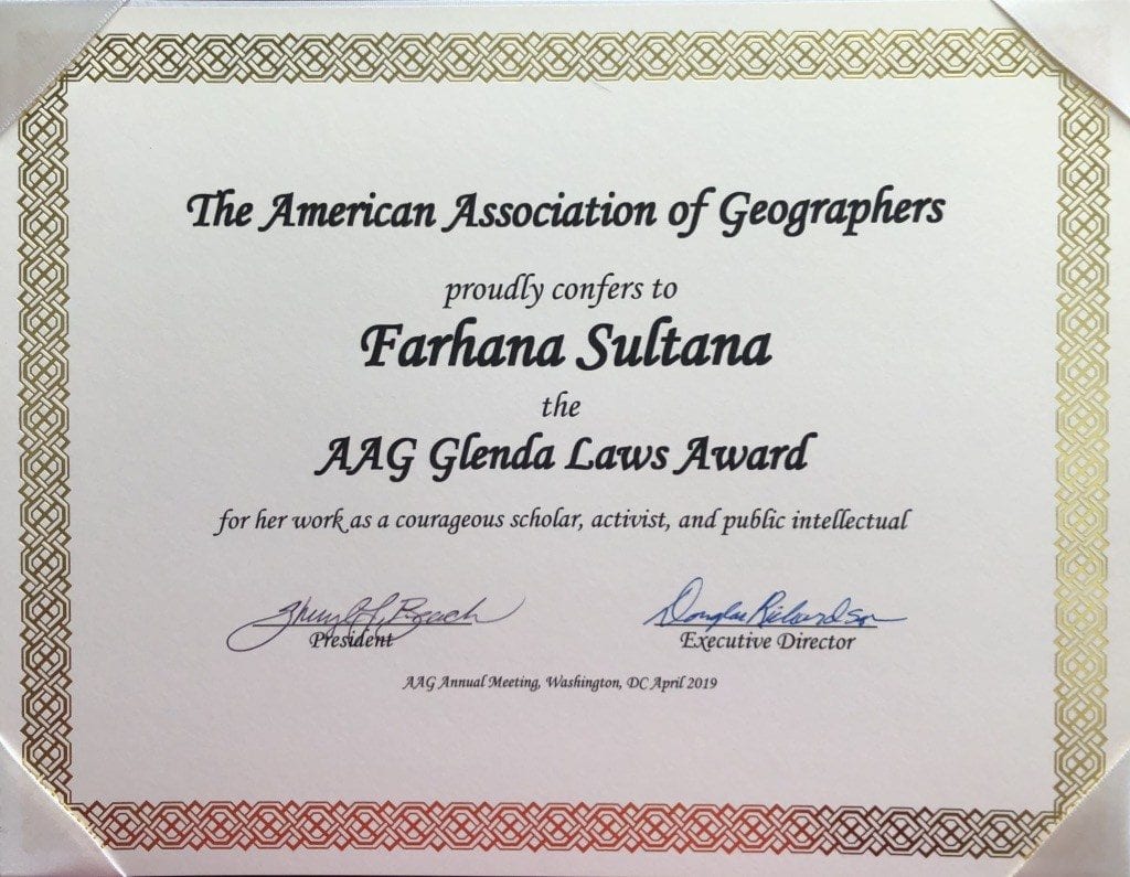 2019 Glenda Laws Award for Dr. Farhana Sultana