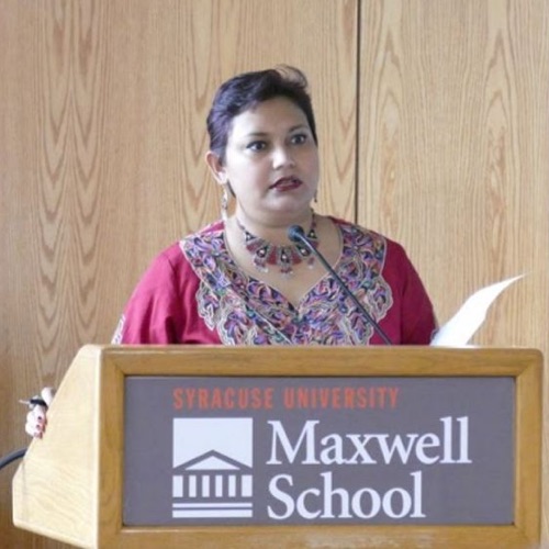 Dr. Farhana Sultana speaking at a Maxwell School event, 2016