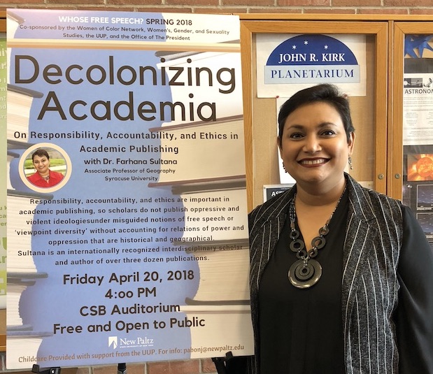 Dr. Farhana Sultana as the Keynote Speaker on Free Speech and Decolonizing Academia, SUNY New Paltz, 2018
