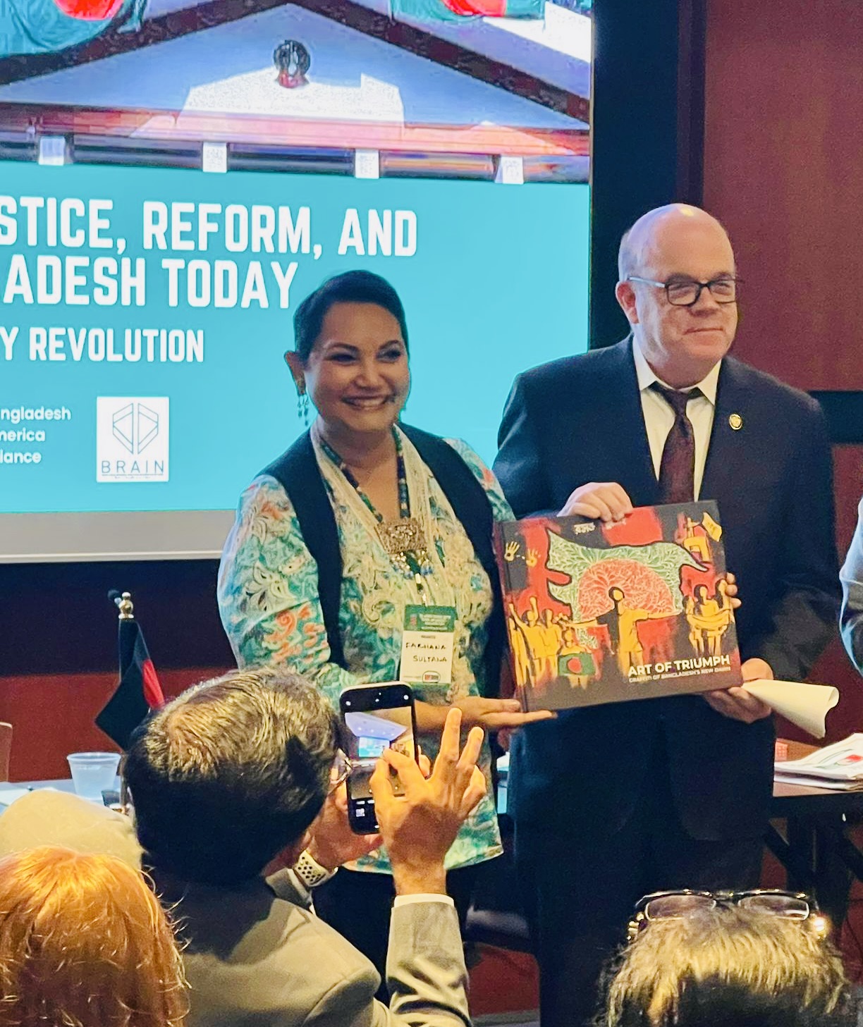 Dr. Farhana Sultana with Congressman Jim McGovern (MA) during Congressional briefing, 2024