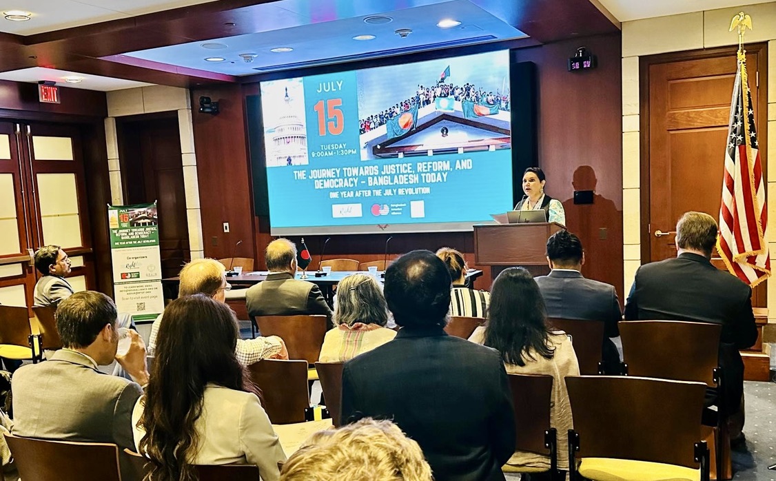 Dr. Farhana Sultana addressing the Congressional briefing on Bangladesh on Capitol Hill, in 2024